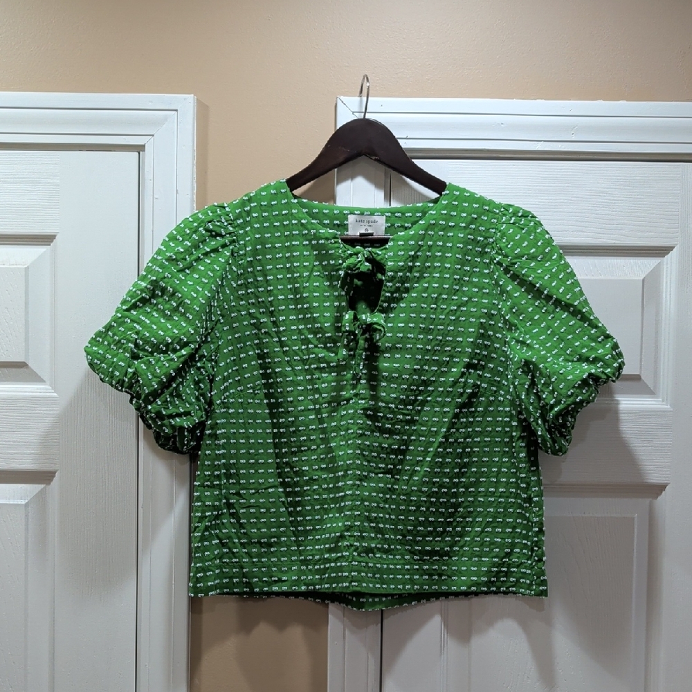 Kate Spade Green Textured Puff Sleeve Blouse